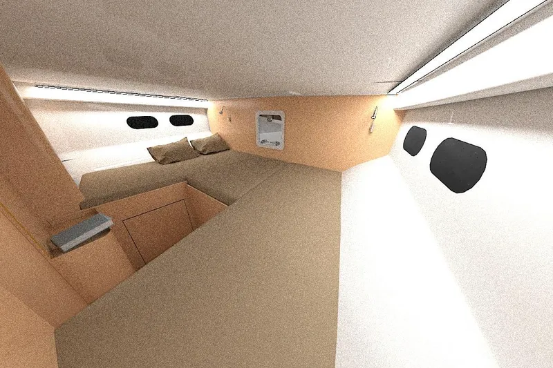  Yacht Photos Pics Interior cabin of 2026 Rapido 63 yacht, featuring a cozy bed and modern design.