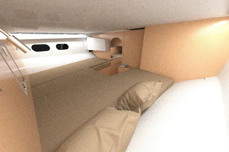  Yacht Photos Pics Interior of 2026 Rapido 63 yacht cabin with modern design and cozy bedding.