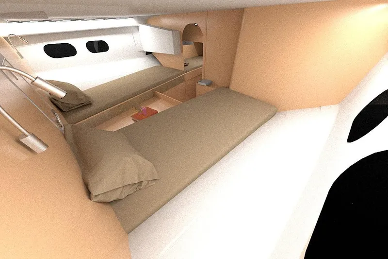  Yacht Photos Pics Interior of 2026 Rapido 63 yacht, featuring modern twin beds and sleek design.