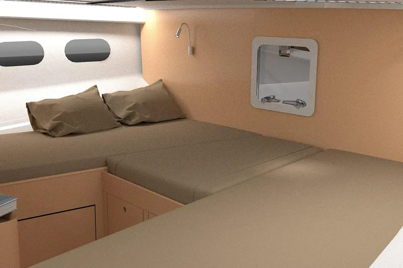  Yacht Photos Pics Luxurious interior cabin of 2026 Rapido 63 yacht with cozy bedding and modern design.
