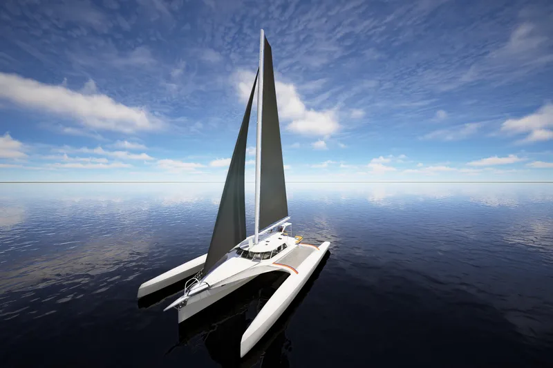  Yacht Photos Pics Futuristic Rapido 63 trimaran sailing on calm ocean under clear blue sky, 2026 model.