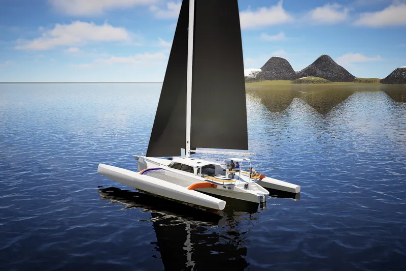  Yacht Photos Pics Sleek 2026 Rapido 63 trimaran sailing on calm waters with scenic mountain backdrop.