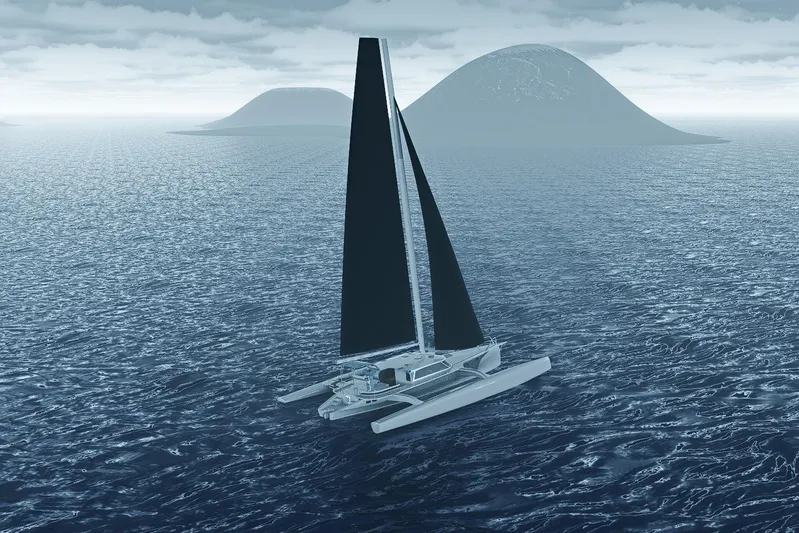  Yacht Photos Pics Futuristic Rapido 63 trimaran sailing in open ocean, 2026 model, with distant islands.