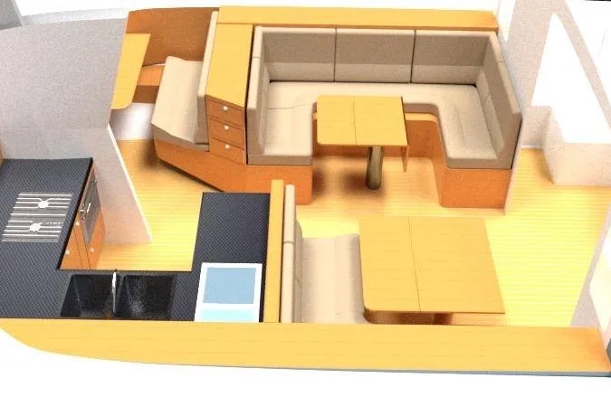  Yacht Photos Pics Interior layout of 2026 Rapido 63 yacht with modern seating and kitchen area.