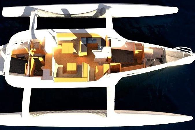  Yacht Photos Pics Top view of 2026 Rapido 63 trimaran interior layout, showcasing spacious cabins and modern design.