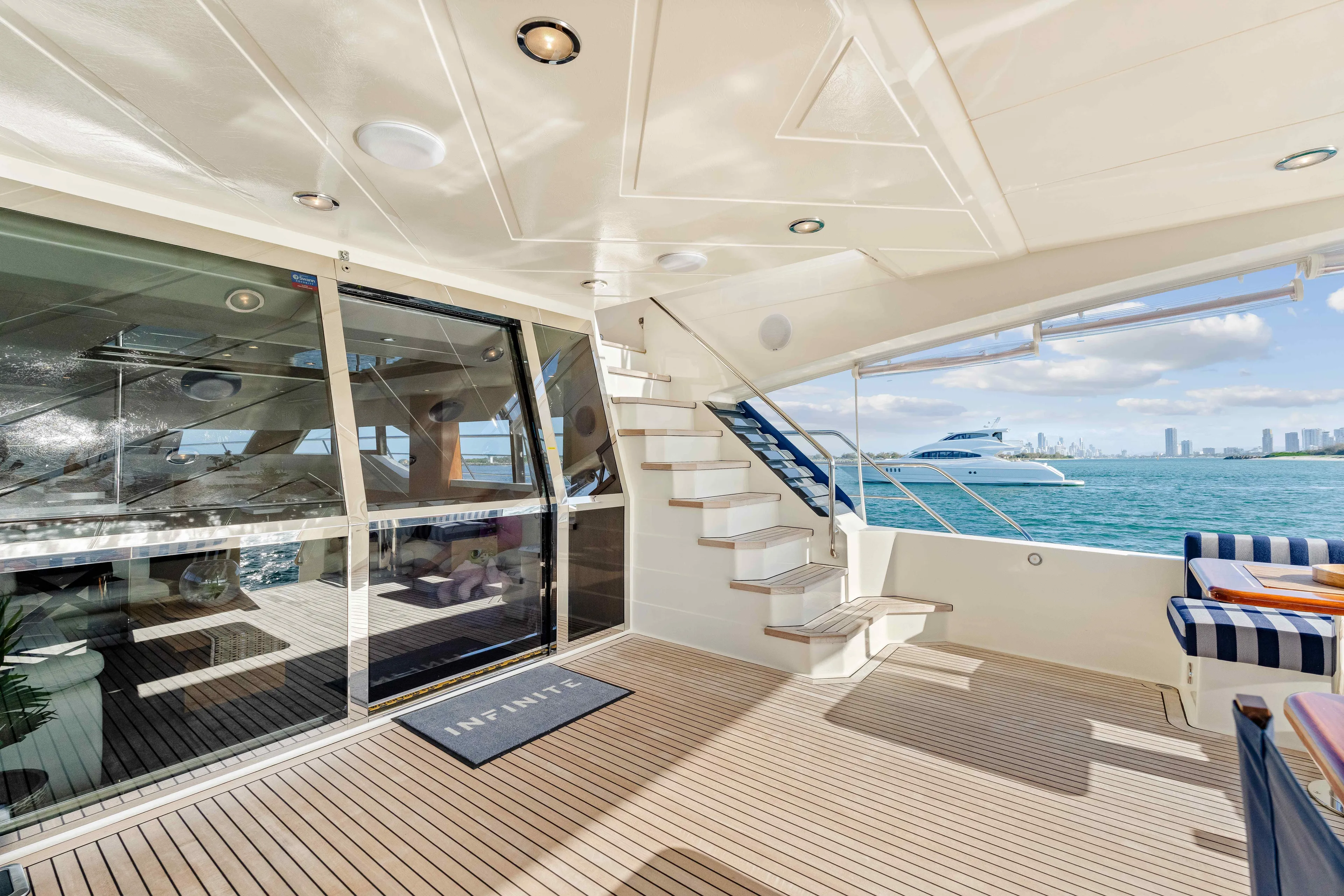 Infinite Yacht Photos Pics Luxurious 1999 Warren Yachts 85 Motor Yacht deck with ocean view and modern interior.