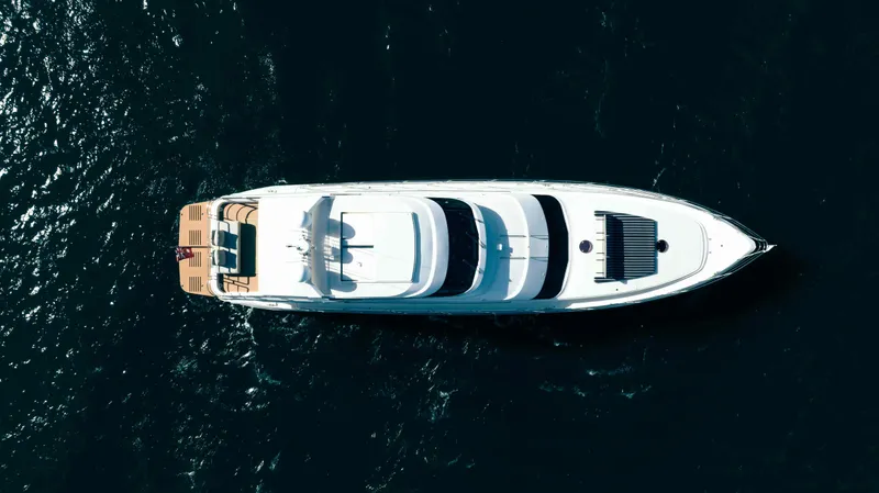 Infinite Yacht Photos Pics Overhead view of 1999 Warren Yachts 85 Motor Yacht on open water.