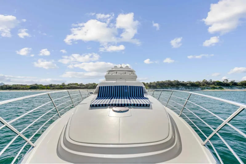 Infinite Yacht Photos Pics 1999 Warren Yachts 85 Motor Yacht on serene water with blue sky.