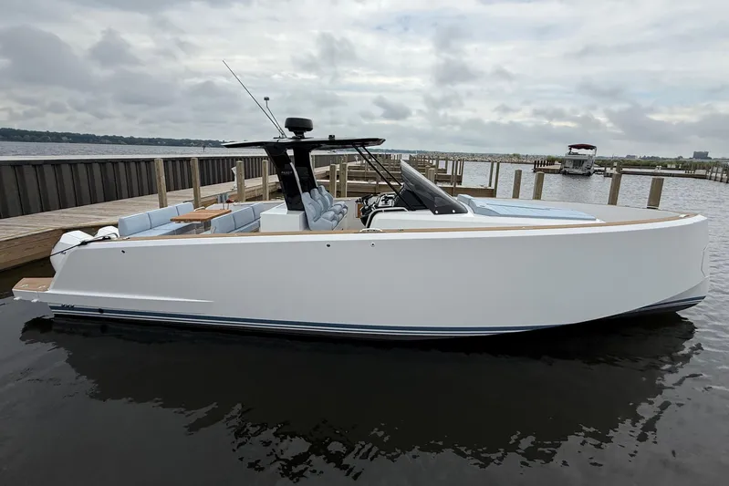  Yacht Photos Pics 2025 Pardo Yachts 38 Outboard docked on a cloudy day.