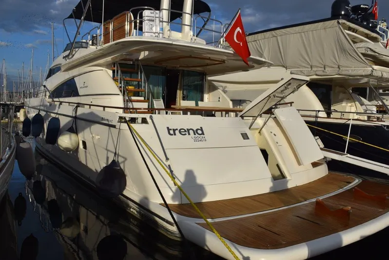  Yacht Photos Pics 2004 Fairline Squadron 74 yacht docked, featuring a Turkish flag and elegant design.