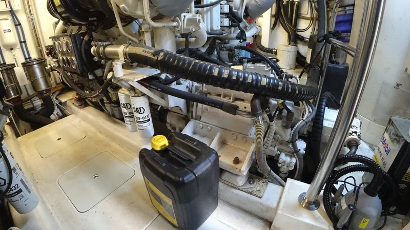  Yacht Photos Pics Engine room of 2004 Fairline Squadron 74 yacht with visible machinery and components.