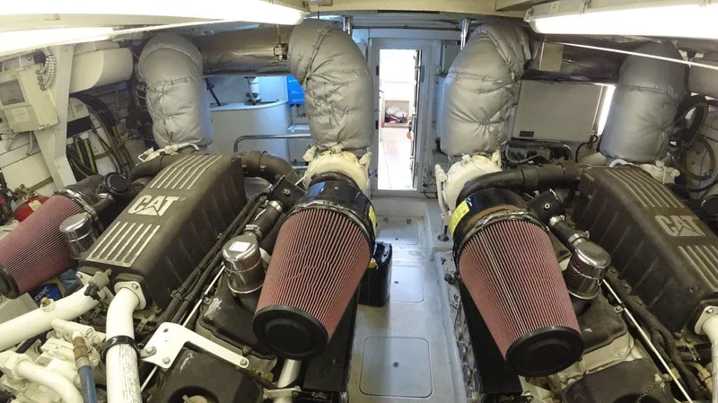  Yacht Photos Pics Engine room of 2004 Fairline Squadron 74 yacht with dual CAT engines.