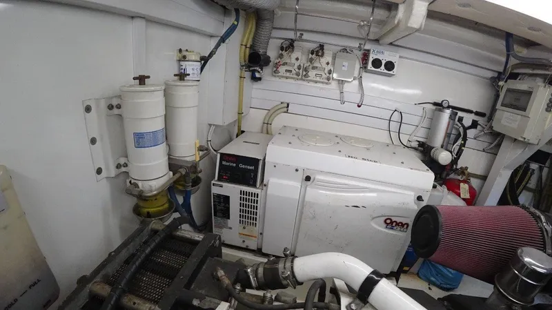  Yacht Photos Pics Engine room of 2004 Fairline Squadron 74 yacht, featuring generator and filtration systems.