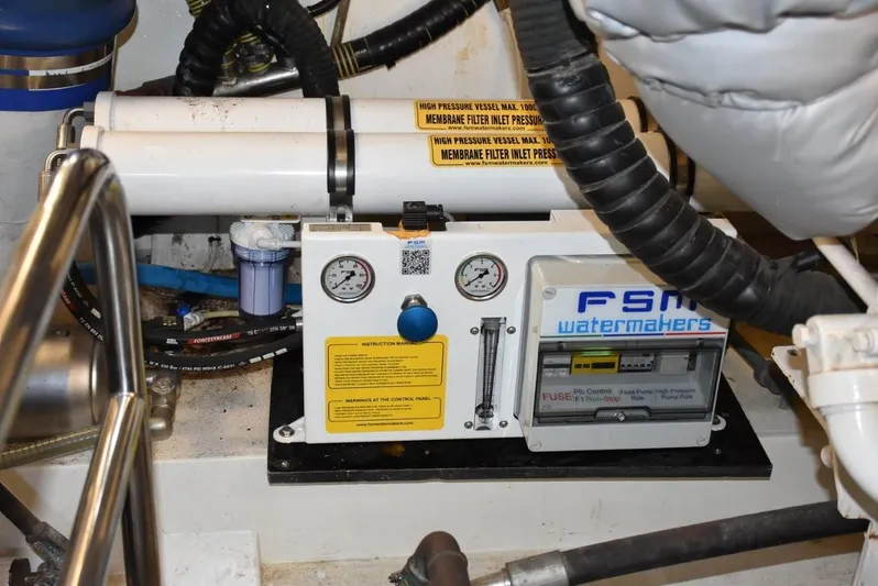  Yacht Photos Pics Engine room of 2004 Fairline Squadron 74 with FSM watermaker system.