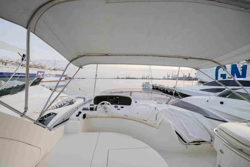 Marshej Yacht Photos Pics Flybridge view of 2008 Azimut Fly 68 yacht docked in a bustling marina.