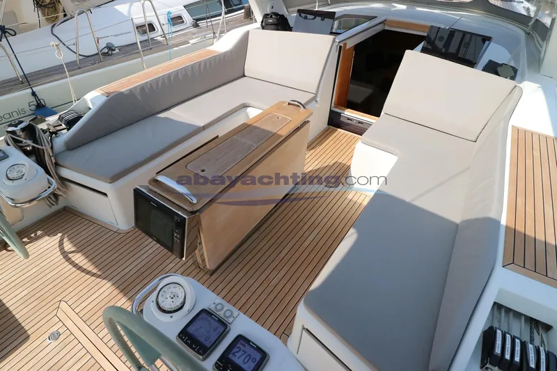  Yacht Photos Pics 2016 Grand Soleil 46 LC yacht cockpit with cushioned seating and navigation instruments.