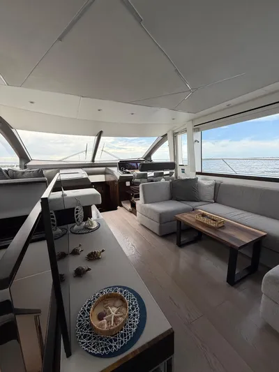 4 Play Yacht Photos Pics Luxurious interior of 2022 Sunseeker Manhattan 68 yacht with modern furnishings and ocean view.