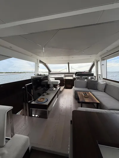 4 Play Yacht Photos Pics Luxurious interior of 2022 Sunseeker Manhattan 68 yacht with modern furnishings and panoramic windows.