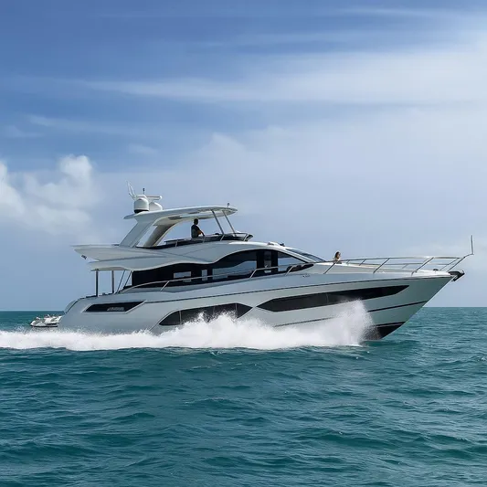 4 Play Yacht Photos Pics 2022 Sunseeker Manhattan 68 yacht cruising on open sea under clear sky.