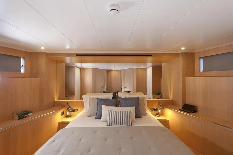 Tortura Yacht Photos Pics Luxurious cabin interior of 2025 Aegean Yacht Aegean Explorer with modern wood finish.