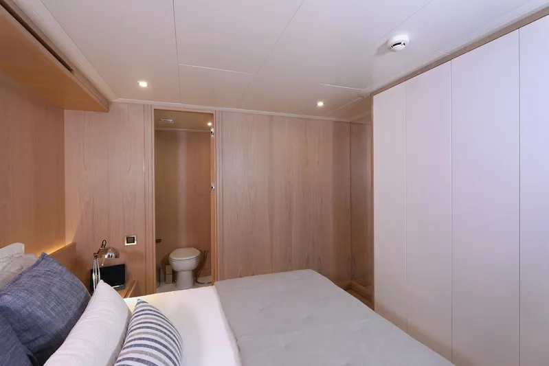 Tortura Yacht Photos Pics Luxurious bedroom on 2025 Aegean Yacht Explorer with modern design and ensuite bathroom.
