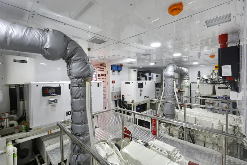 Tortura Yacht Photos Pics Engine room of 2025 Aegean Explorer yacht with advanced machinery and equipment.
