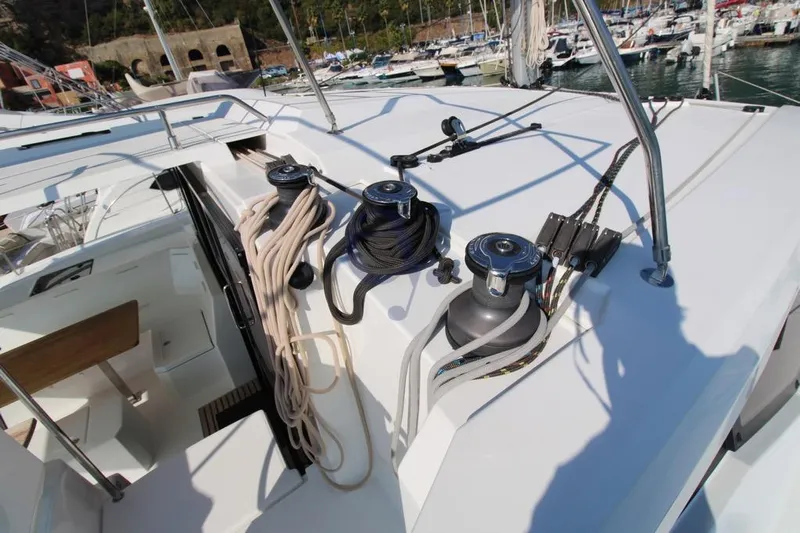  Yacht Photos Pics Deck view of 2021 Fountaine Pajot Astrea 42 catamaran with winches and ropes.