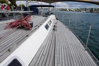 Sailboat deck view of 1989 Custom Scandinavian Cruiser Eagle on water.