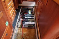 Battery compartment in 1989 Scandinavian Cruiser Eagle with Nordmax batteries and wiring.