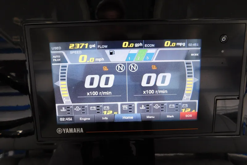 Three Point O.h. Yacht Photos Pics Yamaha display panel on 2022 Pursuit S 328 Sport boat showing fuel and speed metrics.