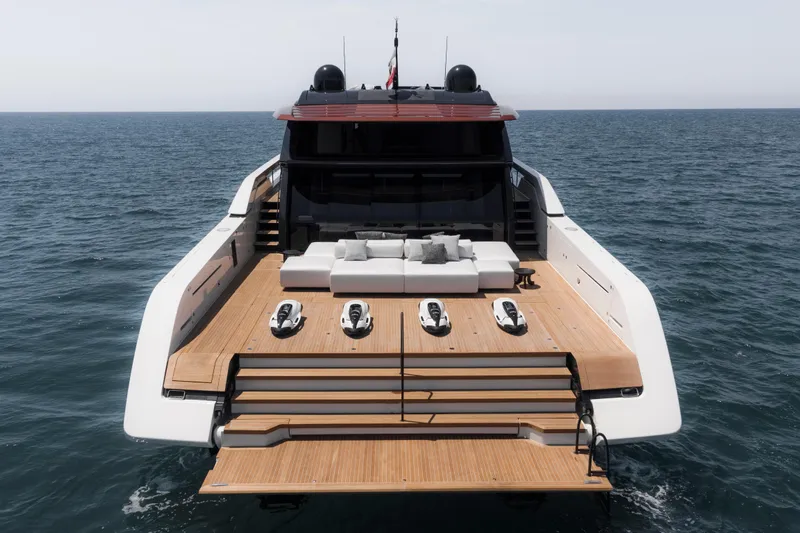 Anmax Yacht Photos Pics Luxury Sanlorenzo SP110 yacht, 2022 model, featuring a spacious deck with lounge area.