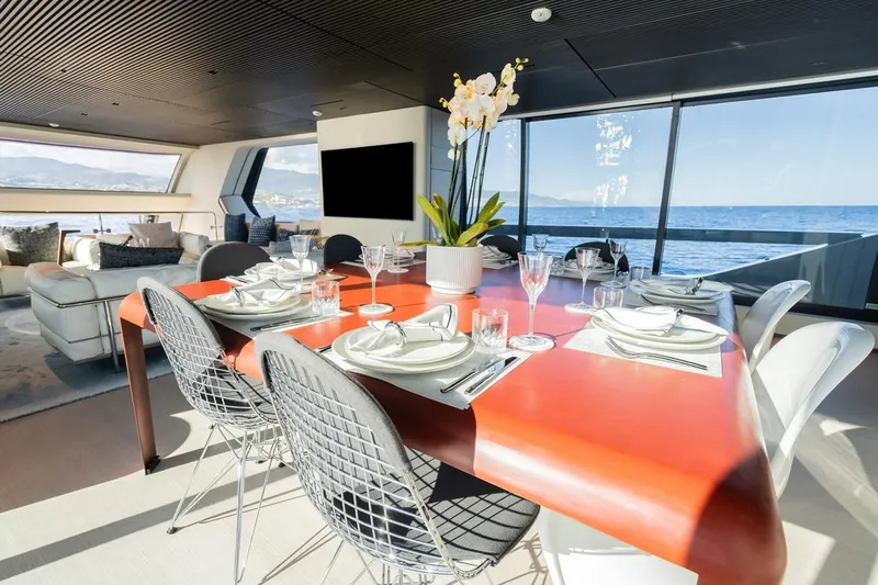 Anmax Yacht Photos Pics Luxurious dining area on 2022 Sanlorenzo SP110 yacht with ocean view.