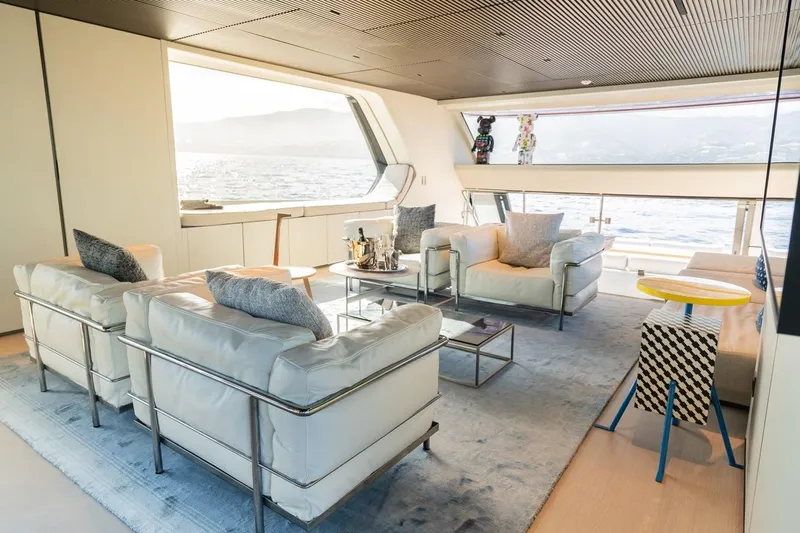 Anmax Yacht Photos Pics Luxurious interior of 2022 Sanlorenzo SP110 yacht with modern seating and ocean view.