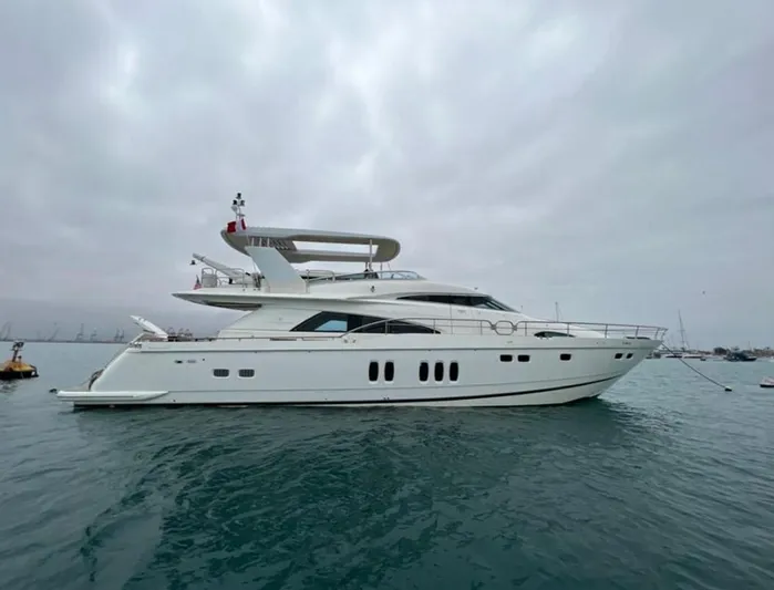  Yacht Photos Pics 2008 Fairline Squadron 74 yacht on calm water under cloudy sky.