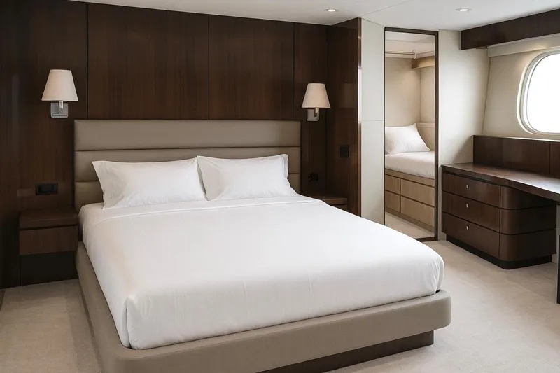  Yacht Photos Pics Luxurious bedroom interior on 2008 Fairline Squadron 74 yacht, featuring elegant wood paneling and modern design.