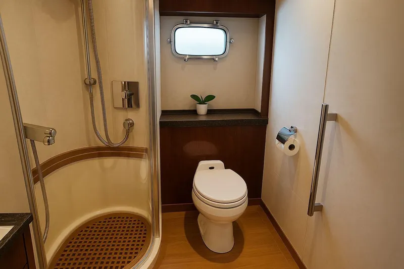  Yacht Photos Pics Luxury yacht bathroom with shower, toilet, and porthole window on 2008 Fairline Squadron 74.