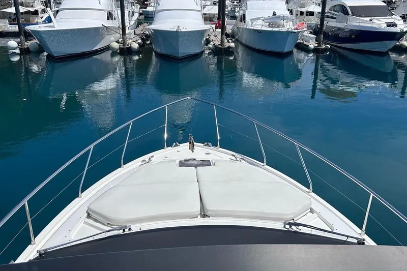  Yacht Photos Pics Bow view of 2008 Fairline Squadron 74 yacht docked in marina.