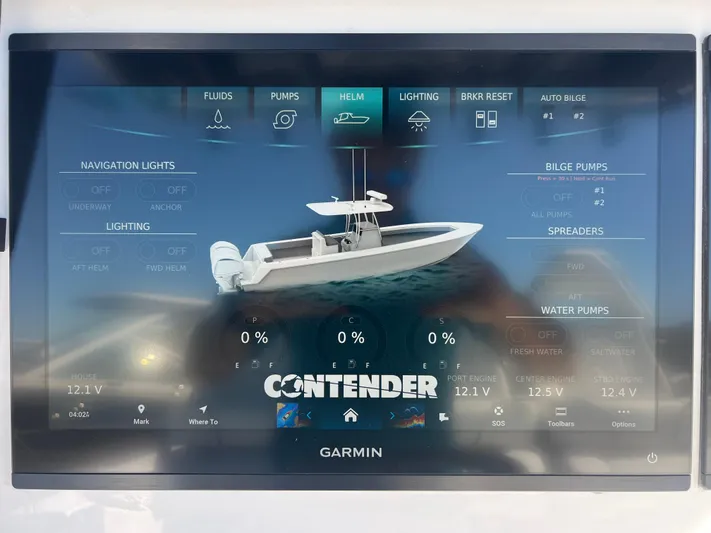 Yacht Photos Pics Touchscreen display of 2025 Contender 35 ST boat with navigation and system controls.