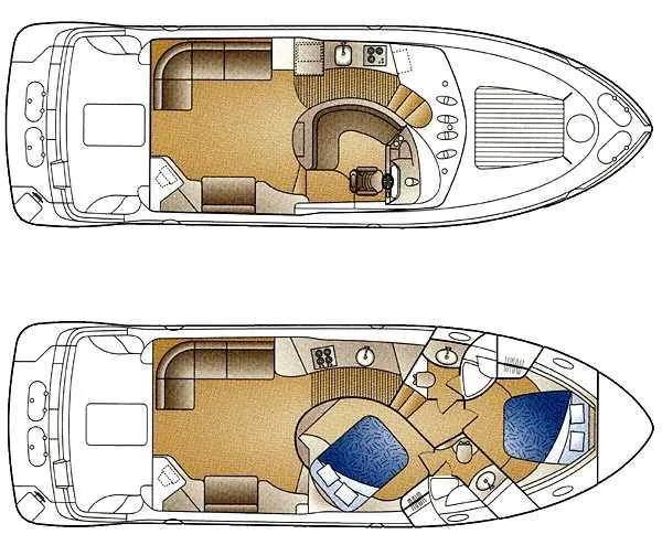 No Worries Yacht Photos Pics Floor plan of 2000 Carver 450 Voyager Pilothouse yacht, showcasing interior layout.