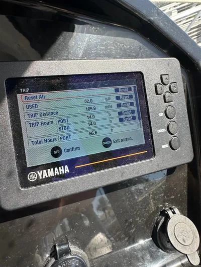 Destination Unknown II Yacht Photos Pics Yamaha display on 2021 Jeanneau NC 895 showing trip data and engine hours.
