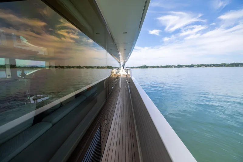 Sori San Lorenzo Yacht Photos Pics Sanlorenzo SL90A 2024 yacht deck with ocean view and sleek design.