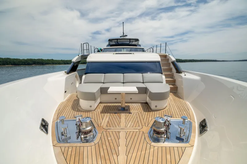 Sori San Lorenzo Yacht Photos Pics 2024 Sanlorenzo SL90A yacht deck with luxurious seating and sleek design.