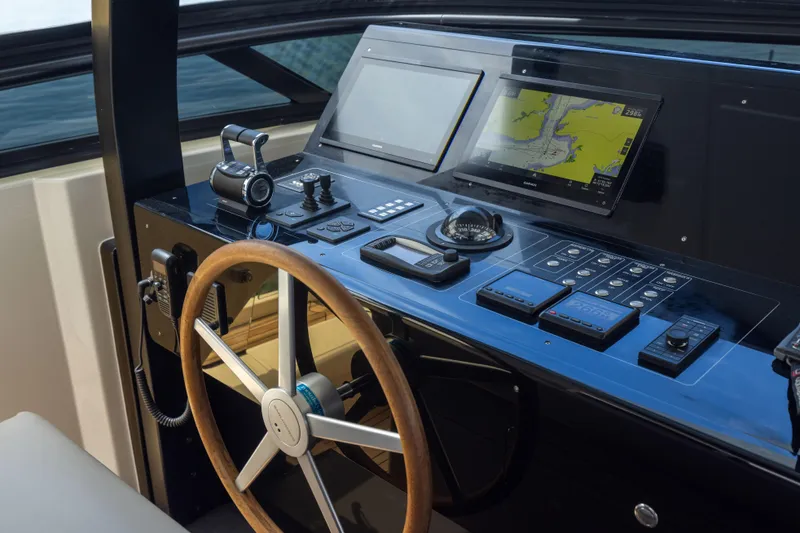 Sori San Lorenzo Yacht Photos Pics 2024 Sanlorenzo SL90A yacht helm with navigation screens and controls.