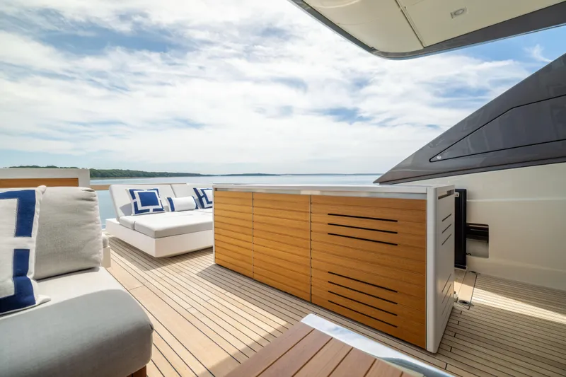 Sori San Lorenzo Yacht Photos Pics Luxurious 2024 Sanlorenzo SL90A yacht deck with modern seating and ocean view.
