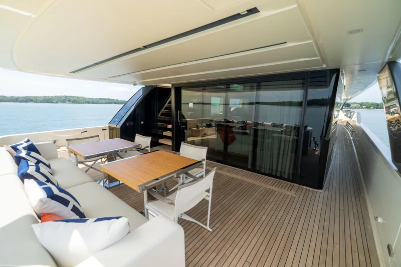 Sori San Lorenzo Yacht Photos Pics Luxurious 2024 Sanlorenzo SL90A yacht deck with elegant seating and ocean view.