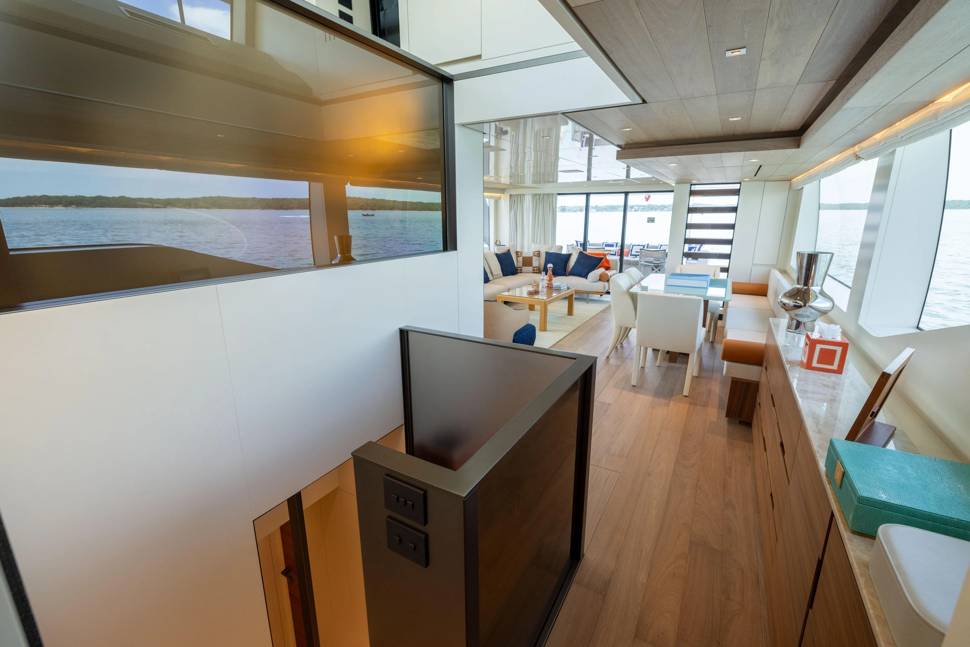 Sori San Lorenzo Yacht Photos Pics Luxurious interior of 2024 Sanlorenzo SL90A yacht with modern furnishings and panoramic windows.