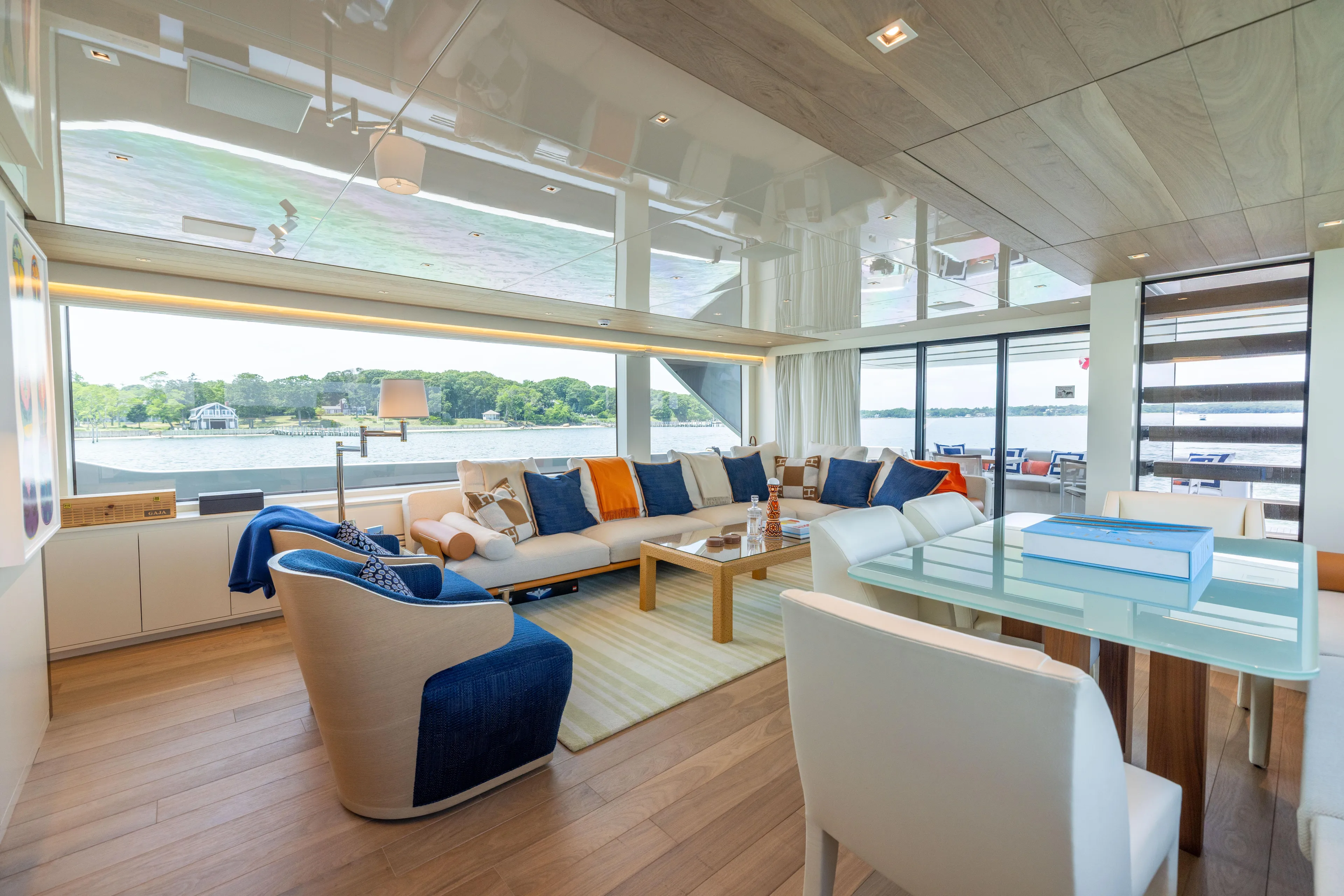 Sori San Lorenzo Yacht Photos Pics Luxurious interior of 2024 Sanlorenzo SL90A yacht with modern furnishings and scenic views.