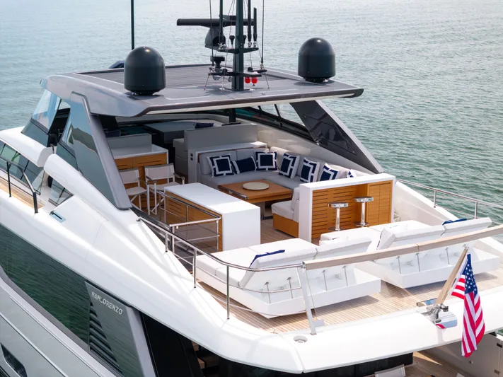 Sori San Lorenzo Yacht Photos Pics Luxurious 2024 Sanlorenzo SL90A yacht with elegant deck and seating area on the water.