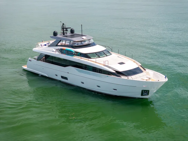 Sori San Lorenzo Yacht Photos Pics 2024 Sanlorenzo SL90A luxury yacht cruising on calm green waters.