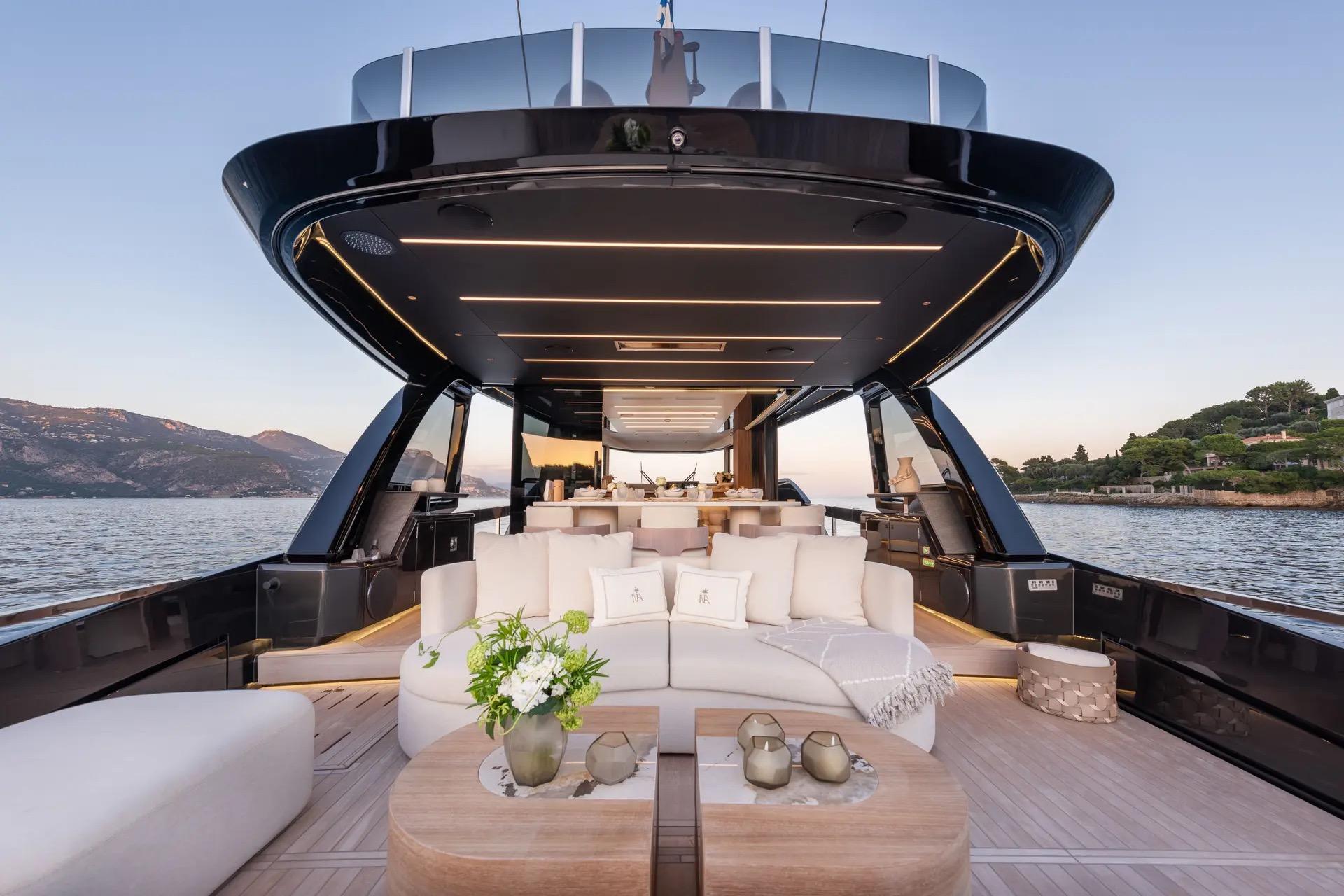 Luxurious Explorer 62 yacht interior, 2025 model, featuring elegant seating and scenic ocean views.